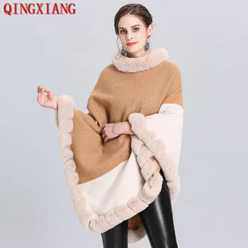 

2019 Yellow Beige Patchwork Loose Pullovers Winter Women Long Plus Size Faux Fox Fur Sweaters Shawl Knitted Poncho Cape