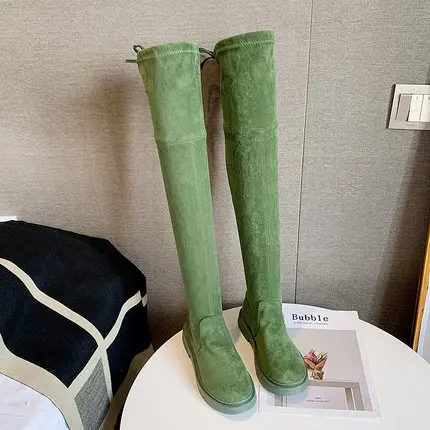 long boots green Новинка; резиновые сапоги на платформе; модные сапоги выше колена; женские эластичные осенние черные узкие высокие сапоги; женские сапоги до бедра; Цвет Черный - Цвет: long boots green