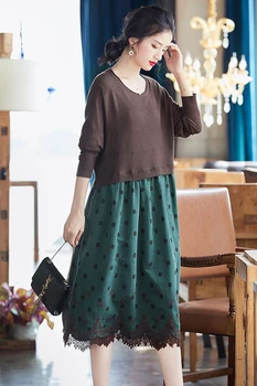 

Autumn Dress Women Plus Size Winter New 2019 Fashion Knitted Polka Dot Printed Lace Embroidery Long Sleeves Loose Dress