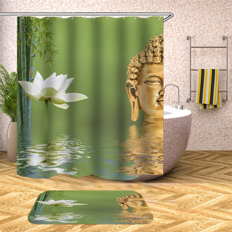 Zen bath curtain 3D Waterproof Polyester Shower Curtains Buddha Statue Bamboo Bath Screens Home