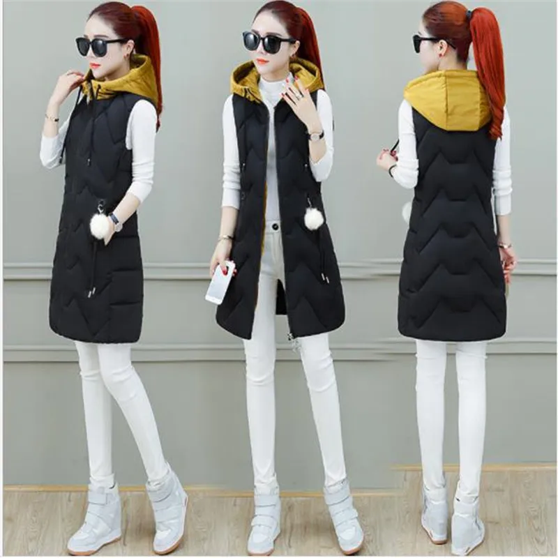 Women Casual Waistcoat Medium-Long Autumn WInter Women Vest Hooded Zipper Warm Vest Slim Women Clothing Plus Size 3XL H030