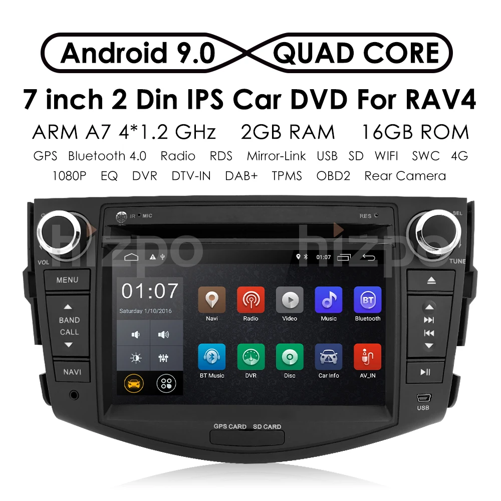 Top 4QuadCore 2+16 Car DVD 2 din Android 9.0 For Toyota Rav4 2007-2012 2din car pc stereo gps navigation with capacitive screen+wifi 2