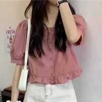 Korean Summer Ruffle Elegant Chiffon Cool Blouse Women Youthful Cute Cropped Tops Chic Short sleeve Feminine Shirt 1