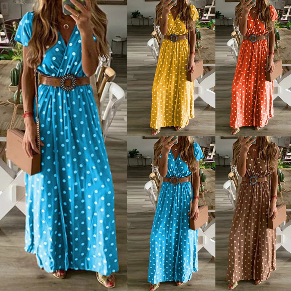 Женское летнее платье с v-образным вырезом, Boho, с коротким рукавом, макси-платье в горошек, вечерние платья, пляжный сарафан, женский