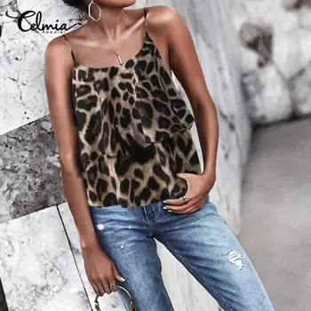 

Celmia Summer Chiffon Ruffles Top Women Vintage Leopard Print Tank Tops Camis Fashion Casual Lace Up Loose Sleeveless Sexy Tees