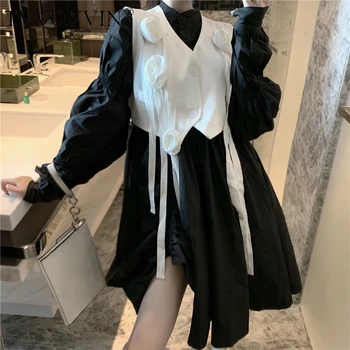 

TVVOVVIN Women Set Shirt Sets Puff Sleeve Cotton Long Shirts Irregular Patchwork Short Vest Coats 2019 New Fashion Sexy B338
