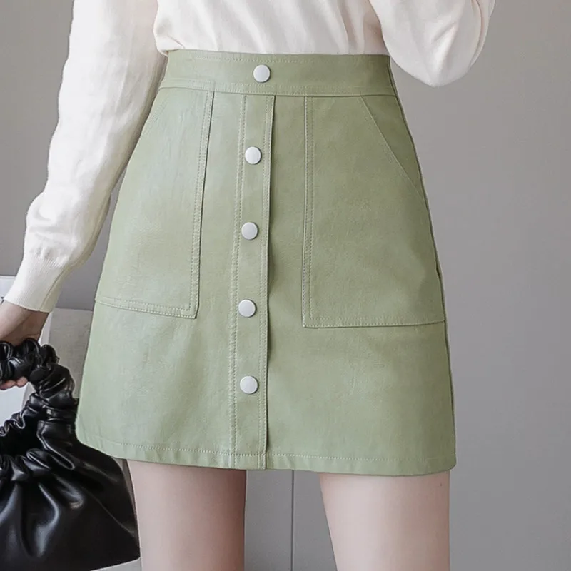 

Women PU Leather Single-breasted Skirts Girls A-line Matt Artificial Leather Pockets Mini skirts Bottoms For Female
