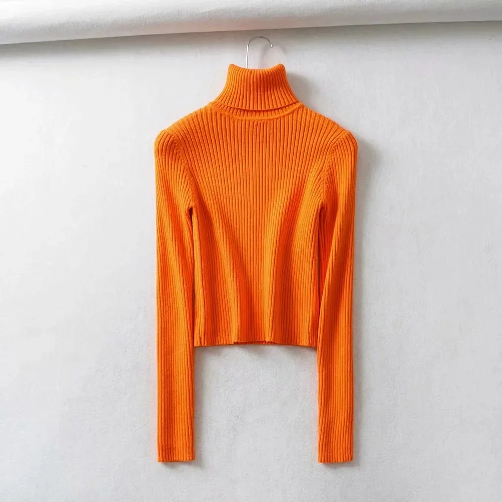 Неоновый оранжевый зеленый свитер женский короткий свитер с длинными рукавами Водолазка трикотажные пуловеры короткие Джемперы женская зимняя одежда - Цвет: Orange