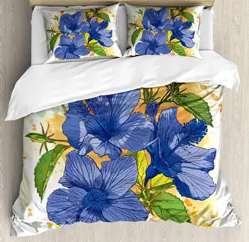 

Tropical Duvet Cover Set Hibiscus Flourishes Exotic Foliage Organic Bouquet Watercolor Decorative 3 Piece Bedding Set