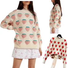 

Breathable Girls Long Sleeve Knitwear Autumn Winter Ladies Strawberry Embroidery Round Collar Loose Knitted Tops Casual Sweater