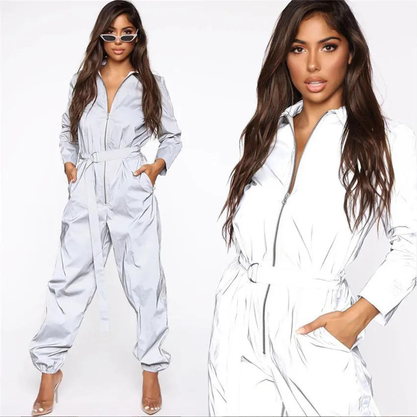 

Sports Luminous Reflective Jumpsuit Women Long Sleeve Zipper One Piece Jumpsuit With Belt Female Plus Size Running Dancing Suit