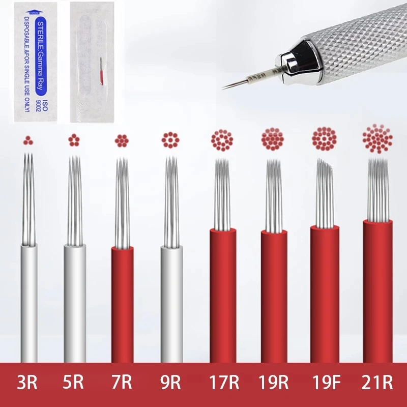 Agujas redondas para Microblading, agujas para maquillaje permanente, ceja difuminada, aguja de tatuaje para pluma manual, 50 Uds.
