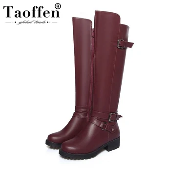 

Taoffen 4 Colors Pu Leather Woman Straight Boots Buckle Zipper Flats Knee High Boots Daily Office Ladies Shoes Woman Size 34-43
