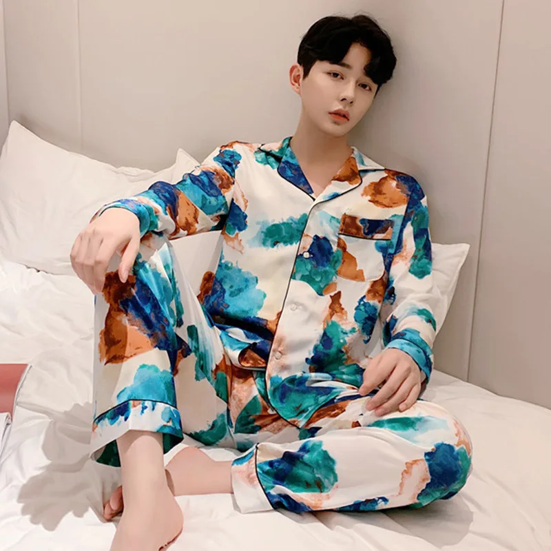 satin pajamas Pajama Set High Quality Silk Pajama for Men Sleep Tops Trousers Two Pieces Long Sleeved Sleepwear Satin Set Plus Size Pyjamas plaid pajama pants