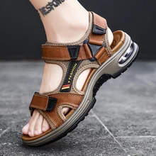 Casual plus size sandals 38-48 size men's flat sandals first layer cowhide open-toe sandals three-color cowhide sandals