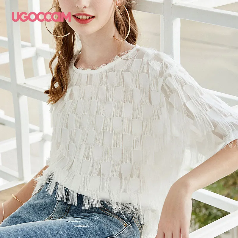 UGOCCAM Femme Футболка женская белая с кисточками Топы пуловеры гипюр повседневные женские топы Гипюр Вышивка harajuku футболка в стиле бохо