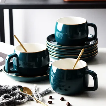 

MUZITY Ceramic Tea Cup Saucer Porcelain green Coffee Cup Set with 304 Stainless Steel Spoon Drinkware 10oz