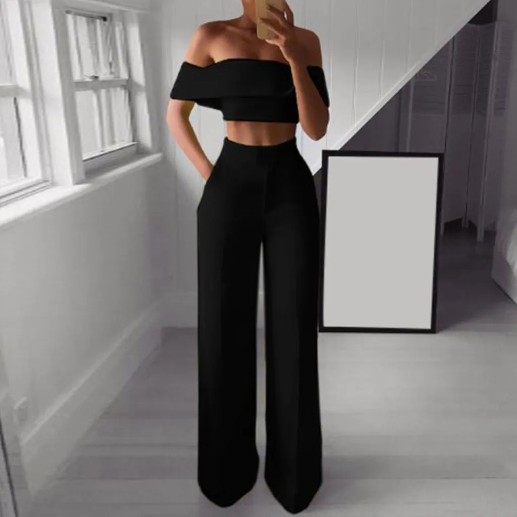 

Sexy Summer Women Two Piece Set Solid Fashion Slash Neck Shoulder Ruffle Shirt Button Zipper Female Casual Wide Leg Pant Suit