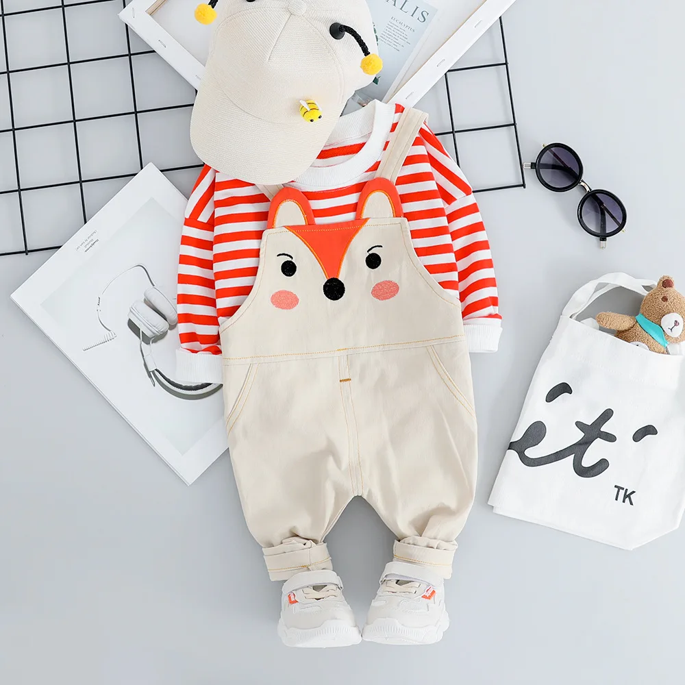 Комплект одежды для новорожденных; полосатая футболка унисекс+ подтяжки с рисунком лисы; Комплект для малышей из 2 предметов; Осенняя хлопковая детская одежда для малышей