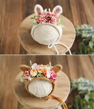 

Props Fotografia Handmade Wool Felt Flower Hat Girl Bunny Deer Hat Ears Boy Newborn Photography Accessories Studio Photo Props