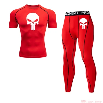 

Summer suit men's skull 3D printing pattern fitness base Muscle shirt jogging Compressed MMA leggings 2 piece tracksuit men Kit