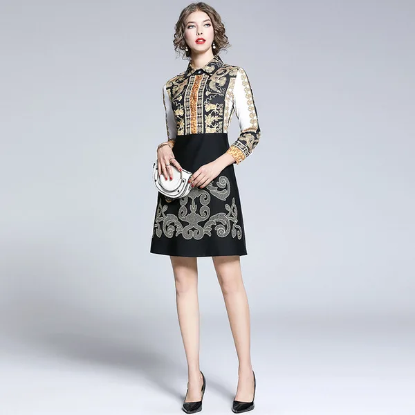 

2019 Autumn Clothing Europe And America WOMEN'S Dress Baroque-Style Printed Spell Machine Embroidery Waist Hugging Slimming Dres