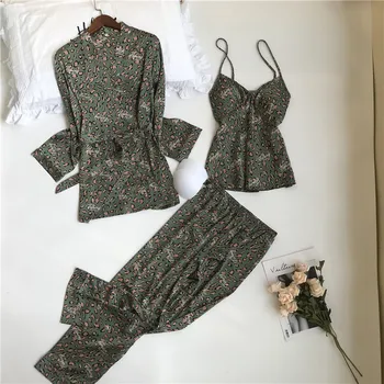

3 Pcs Women Pajamas Floral Printed Pajamas Set Satin Silk Sexy Sleepwear Robe & Gown Set Long Sleeve Cardigan Femme Homewear