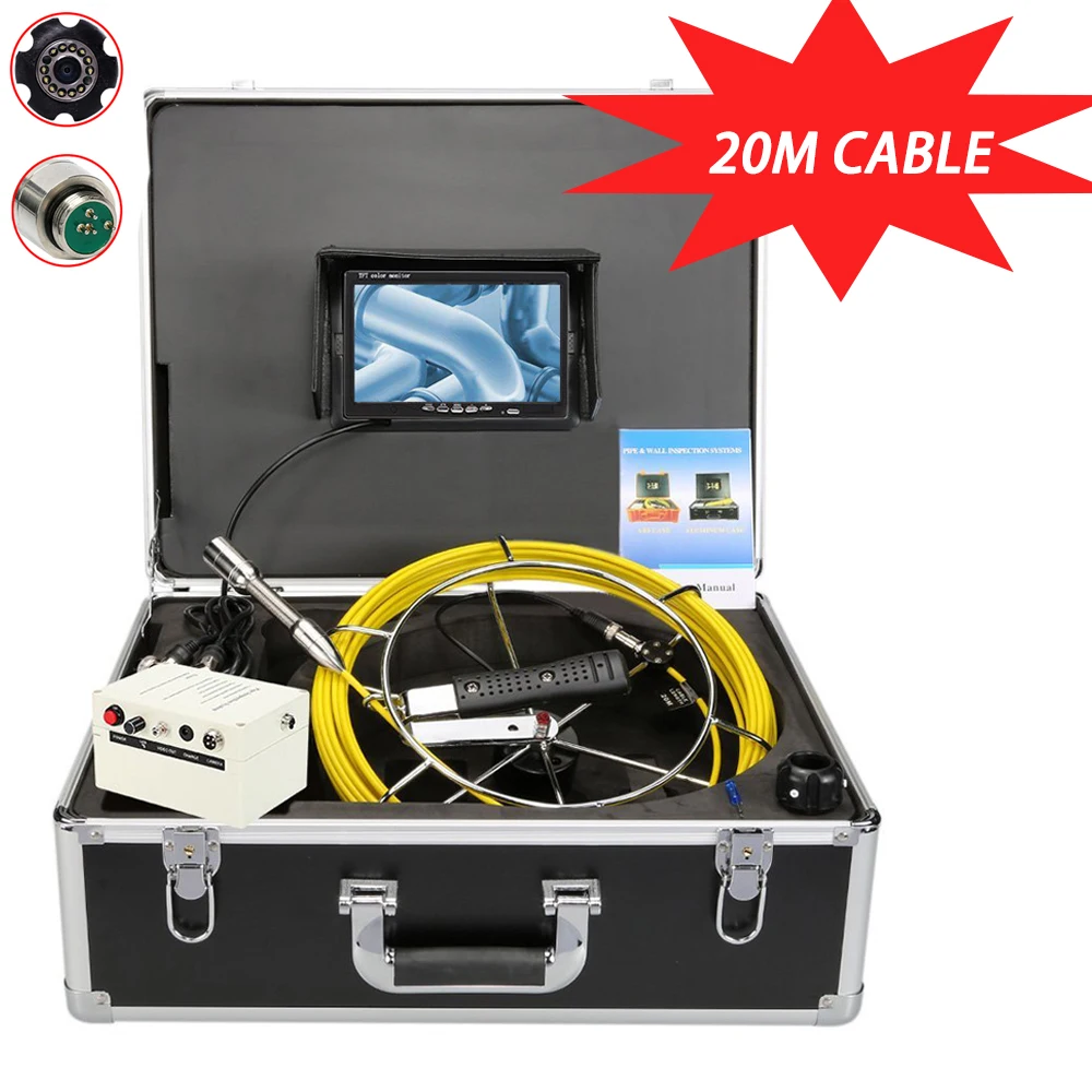 

TPWLCO 7inch 20m Cable 23mm Watreproof Video Camera Head Sewer Pipeline Drain Industrial Endoscope Pipe Inspection System