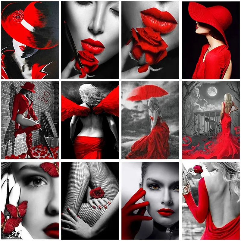 Red and Black Woman Girl Diamond Painting Cross Stitch 5D DIY Mosaic Full Drill Embroidery Craft Home Room Decor Art | Дом и сад