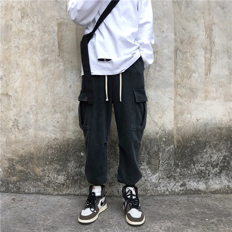 Liketkit Mens Cargo Pants Black Streetwear 2019 Solid Big Pockets Hip Hop Joggers Pants Male Fashions 2