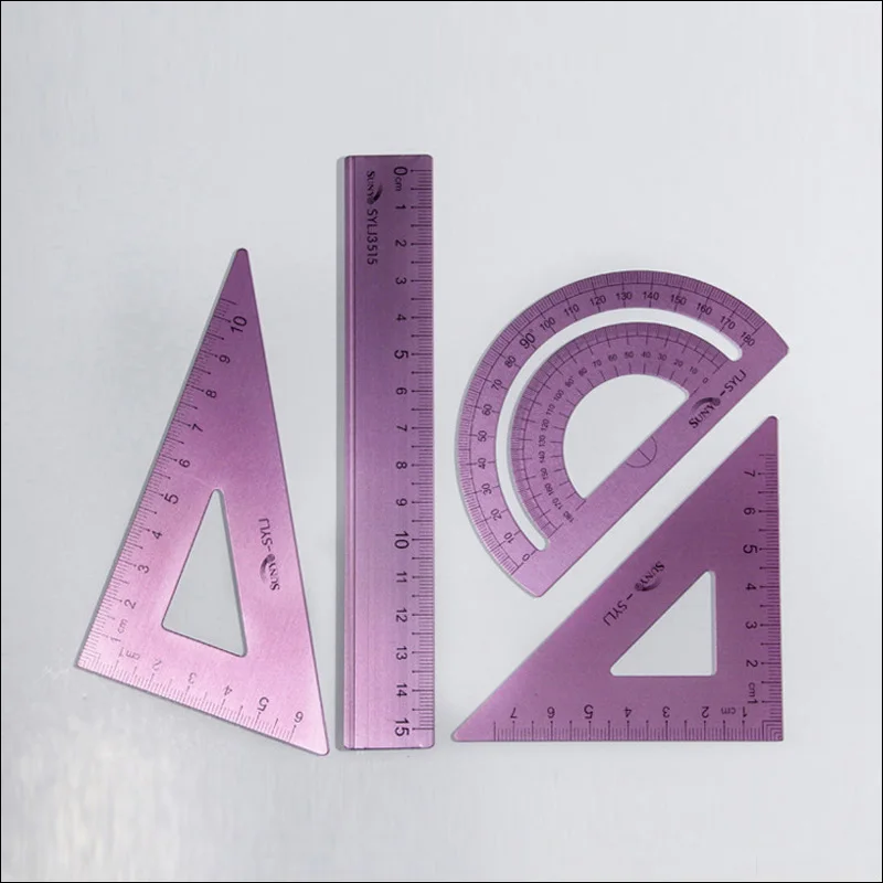 4Pcs/Set Aluminum Ruler Set Metal Right Triangle Ruler Geometry Mathematics Drawing Stationery School Student Gift
