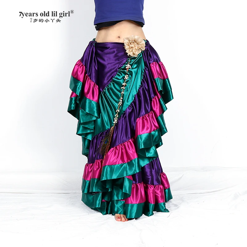 Satin 6 Yard Tiered Gypsy Skirt Belly Dance Tribal Ruffle Jupe Flamenco Green 