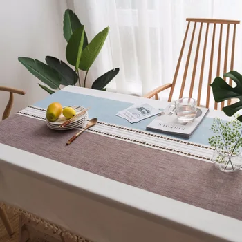 

Blue Green Dust-Proof Cotton Linen Fabric Decorative Table Cover Stitching Tassel Tablecloth Kitchen Dining Tabletop Decoration