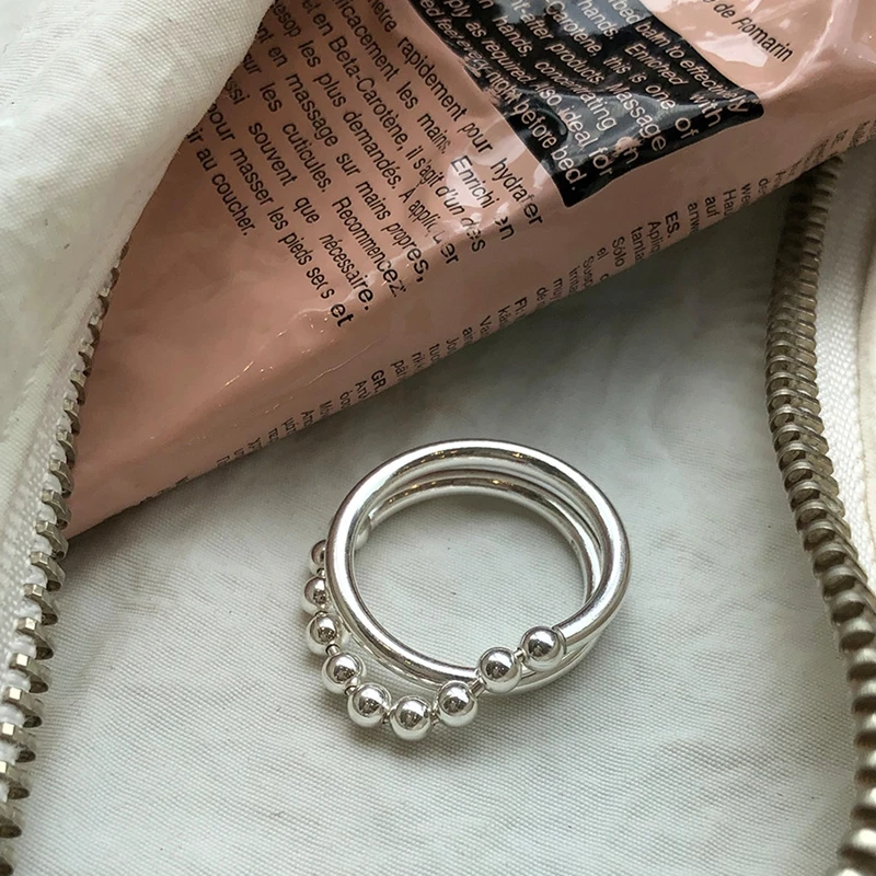

925 Sterling Silver Beads Chain Layered Ring Small Ball Ring Adjustable Model Street Pat Ring Modern Personality Women Jewelry