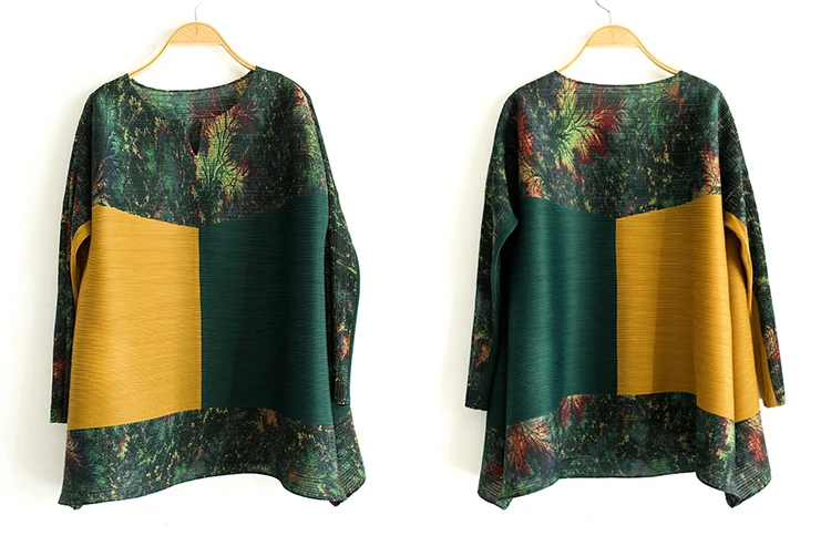 Горячая Miyake складки мода с длинным рукавом o-образным вырезом печати сплайсинга Цвет Офисная Женская футболка