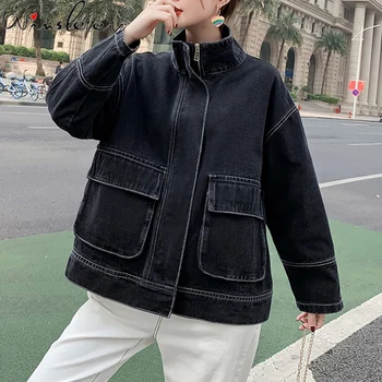 

Autumn Winter Clothes Loose Denim Jacket Fashion Streetwear Pockets Women Coat Lady Cowboy Outerwear Tops Plus Size Black C07301