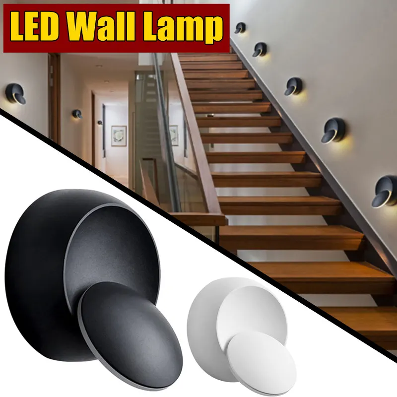 

1Pc LED Wall Lamps 360 Degree Adjustable Bedside Light Modern Round Indoor Lighting Stair Shed Bathroom Bedroom Lamp Black White
