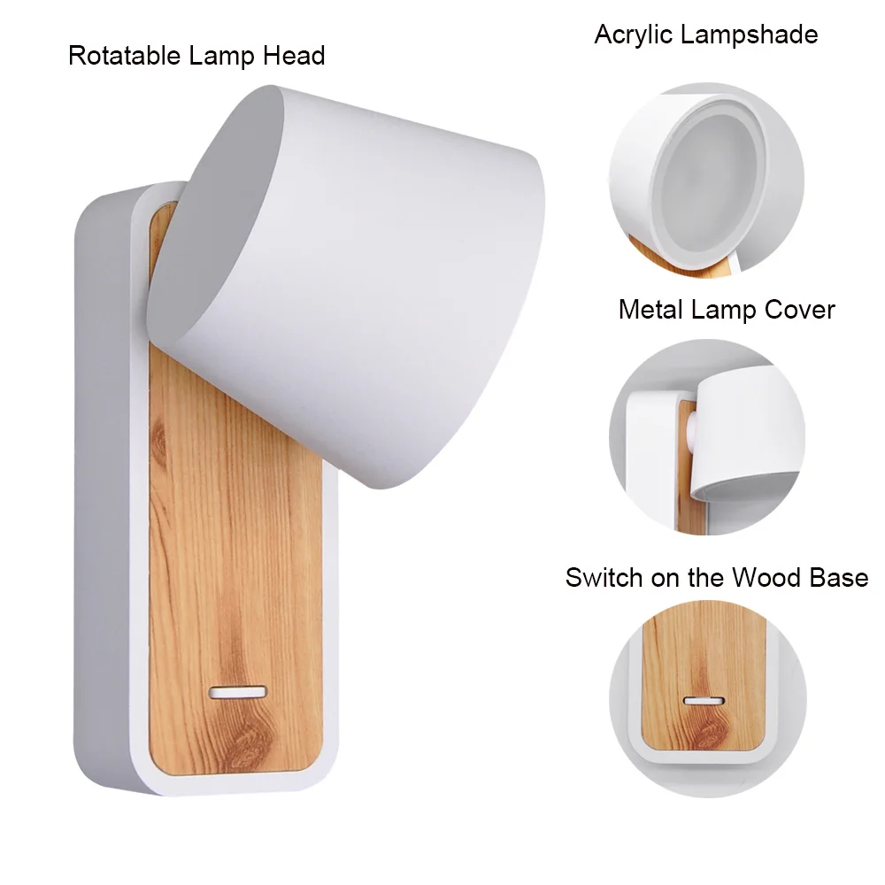 Artpad, скандинавский белый прикроватный светильник, 7 Вт, нейтральный белый светодиодный светильник для чтения с деревянным основанием и переключателем, настенный светильник для лестницы, AC 220 В