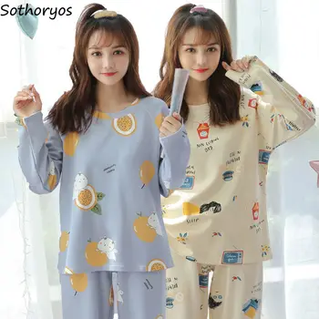 

Pajama Sets Women Cartoon-printed Sweet Korean Casual Loose Cute Girls Pajama Set Kawaii Breathable Comfortable Fashion Chic New