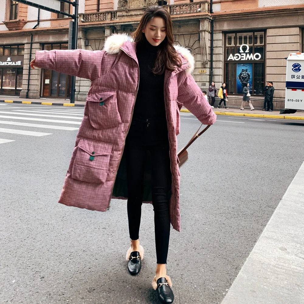 

Cotton Coat 2018 Winter New Style Korean-style WOMEN'S Wear Retro British Style Long Hooded Large Fur Collar Plaid Cotton-padded
