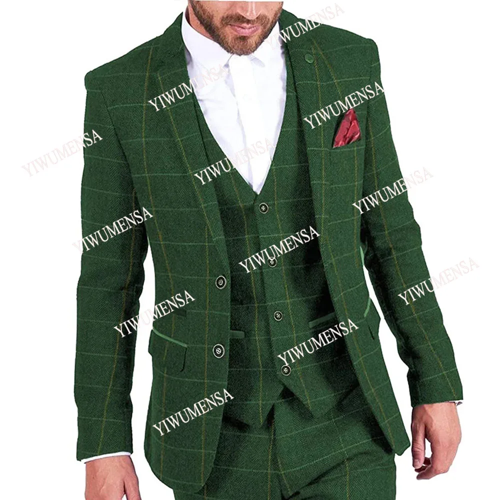 

Green Plaid Regular Formal Men Suits Tailor-Made 3 Pieces Tweed Herringbone Wool Blazer Smoking Business Check Jacket+Vest+Pants
