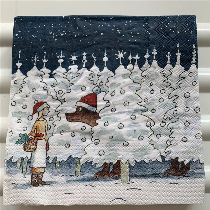 Рождественские бумажные салфетки, элегантные тканевые салфетки для декупажа, Декор, Свадебная вечеринка, фестиваль, девочка, волк, снежный человек, дерево, звезда, ткань 3pl