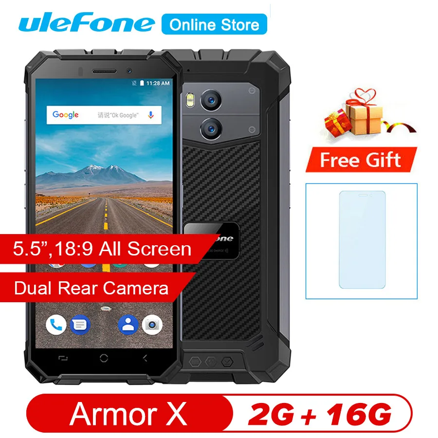 

Ulefone Armor X IP68 Waterproof Mobile Phone Android 8.1 5.5" HD Quad Core 2GB+16GB NFC Face ID Wireless Charge Smartphone