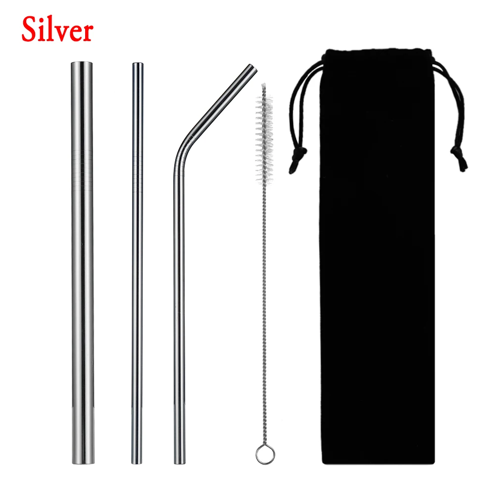 silver 5 шт./компл. многоразовые, для питья соломы из нержавеющей стали Экологичные прямые/изгиб металлическая соломинка с чистящей щеткой бар аксессуары - Цвет: silver