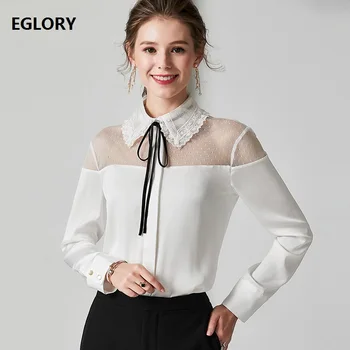 

High Quality Blouse Shirt 2019 Autumn Sexy Blouses Women Turn-down Collar Tulle Mesh Patchwork Long Sleeve Black White Shirt OL
