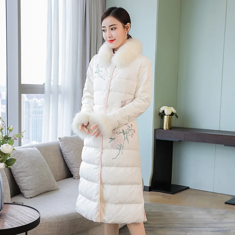 

Photo Shoot 2018 Winter New Style WOMEN'S Dress Retro Printed down Jacket Fur Collar Slim Fit Medium-length Fur Collar Coat