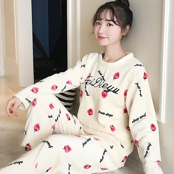 

Pjs Autumn Winter Coral Velvet Pajama Sets Women's Long Sleeve Warm Thickened Sweet Lovely Flannel Household Suit