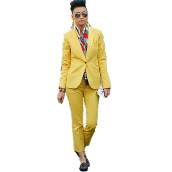 

Custom New Style Yellow Women's Trouser Suit Slim Fit Female Business Suit 2 Piece Women Tuxedo Custom Made Jacket+Pants