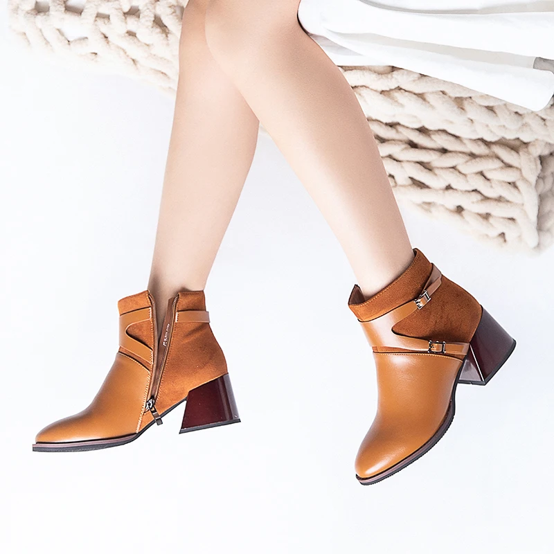 Cheap 2019 Winter Black Brown Women Ankle Boots Western Cowboy Pointed Toe 4CM Block High Heels Shoes Ladies Booties Zapatos De Mujer