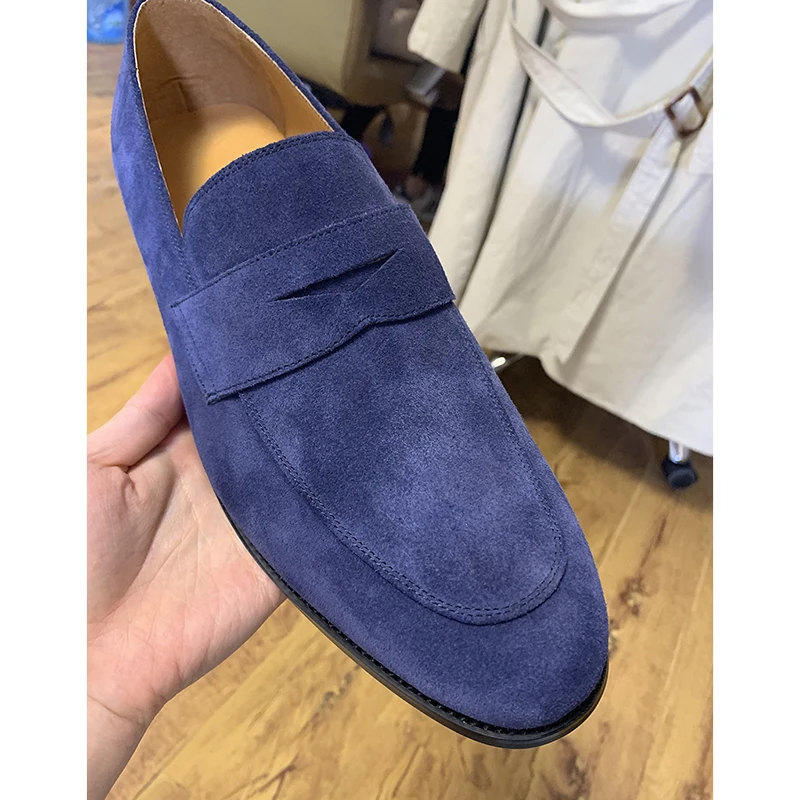 Лоферы большого размера; дизайнерская обувь для мужчин; Высококачественная замшевая обувь из нубука; итальянские темно-синие вечерние туфли из натуральной кожи в европейском стиле - Цвет: Тёмно-синий